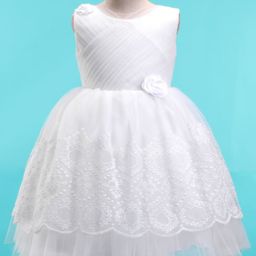 Bluebell Sleeveless Party Frock with Embroidery Floral Corsage - White-image-93