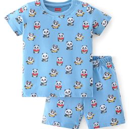 Babyhug Cotton Knit Half Sleeves Night Suit Panda Print - Blue-image-71