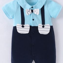 Kookie Kid Half Sleeves  Romper Solid Colour with Bow Applique - Blue-image-73