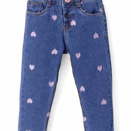 Babyhug Denim Full Length with Stretch Jeans Heart Embroidery - Blue-image-96