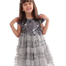 Babyhug Cap Sleeves Party Frock  with Sequinned Yoke & Bow Applique - Grey-image-96
