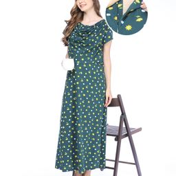 Bella Mama 100% Cotton Knit Half Sleeves  Nursing Nighty Floral Print - Green-image-90