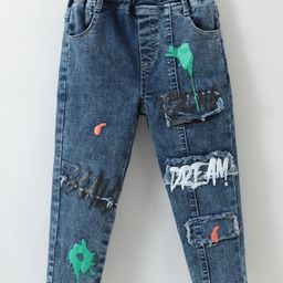 Kookie Kids Full Length Washed Denim Jeans with Cut & Sew Design & Text Print - Blue-image-53