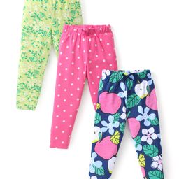 Babyhug Cotton Lycra Knit Full Length Leggings With Floral & Polka Dots Print Pack Of 3 - Navy Light Green & Dark Pink-image-28