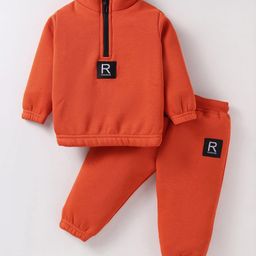 Pepito Cotton Fleece Knit Winter Wear Full Sleeves T-Shirt & Lounge Pant Set - Rust Orange-image-51