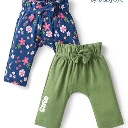Babyoye Eco Conscious Cotton Knit Full Length Diaper Leggings With Text & Floral Print Pack Of 2 - Navy & Olive Green-image-117