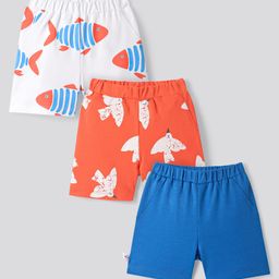 Bonfino 100% Cotton Knit Above Knee Length Shorts With Fish & Bird Print Pack Of 3 - Blue White & Orange-picture-39
