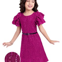 Hola Bonita Knit Layered Sleeves Glitter & Sequined A Line Party Frock - Dark Pink-image-98