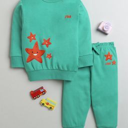BUMZEE Cotton Full Sleeves Star Fish Printed Coordinating Sweatshirt & Joggers Set - Green-image-95