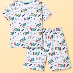Pine Kids Single Jersey Knit Half Sleeves Shorts Night Suit With Text Print - White-picture-9