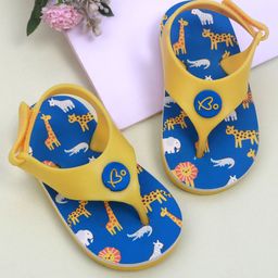 Babyoye Flip Flops with Velcro Closure & Animal Print - Blue & Yellow-image-53