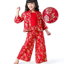 EARTHY TOUCH Single Jersey KnitTop and Palazzo with Full Flutter Sleeves Shrug with Foil Print - Red-image-101