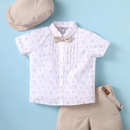 ToffyHouse Poplin Woven Half Sleeves Air Balloon Printed Shirt & Shorts With Bow Suspender & Hat - Beige & White-image-54
