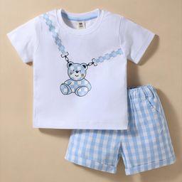 ToffyHouse Knitted Half Sleeves T-Shirt & Shorts Set with Checks & Teddy Print - Light Blue-image-38