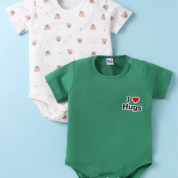 Ben Benny 100% Cotton Knit Half Sleeves Onesies with Bear & Text Print Pack of 2 - Green & White-image-9