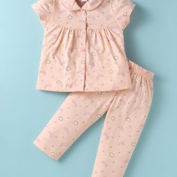 Teddy Sinker Knit Half Sleeves Peter Pan Collar Neck Night Suit with Rainbow Print - Peach-picture-11