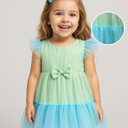 Babyhug Woven Frill Sleeves Solid Mesh Party Dress With Bow Applique - Light Blue-image-111