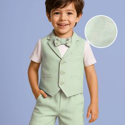 Mark & Mia Cotton Woven Half Sleeves T-Shirt With Attached Bow Checks Waist Coat & Shorts with Text Design - Light Green & White-image-106