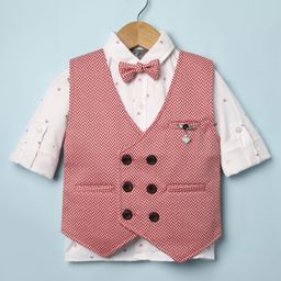Dapper Dudes Full Sleeves Abstract Printed Shirt With Waistcoat & Bow - Red-picture-10