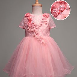 Mark & Mia Woven Half Sleeves Party Dress with Sequin Pearl & Floral Detailing - Peach-image-32