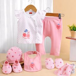 Babyhug 100% Cotton Baby Gift Set with Polka Dots & Fruit Print Set of 7 - Pink-image-48