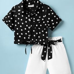CrayonFlakes Rayon Woven Half Sleeves Polka Dots Printed Crop Shirt Style Top With Shorts Set - Black-picture-48