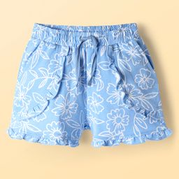 Pine Kids 100% Cotton Mid Thigh Shorts With Floral Print & Frills Detailing - Blue-image-84