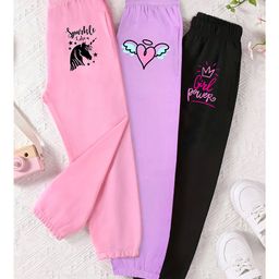 Trampoline Cotton Blend Knit Pack Of 3 Heart & Unicorn Printed Track Pants - Purple Black & Pink-picture-32