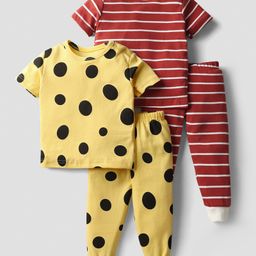 Kidi Wav Pack Of 2 Half Sleeves Striped & Polka Dots Printed Coordinating Tees & Joggers Set - Multi Colour-image-55
