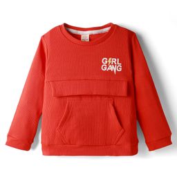 Olio Kids Knitted Full Sleeves Winter T-Shirt With Kangaroo Pockets & Girl Gang Print - Red-picture-3