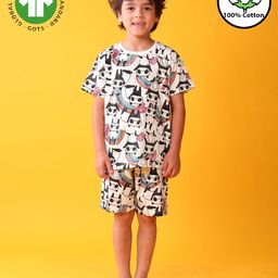Anthrilo 100% Cotton Knit Half Sleeves Panda Printed Tee & Coordinating Shorts Set - White-image-64