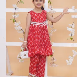 MODISH COUTURE Cotton Woven Sleeveless Floral Printed & Gota Lace Embellished Coordinating Kurti Pant Set - Red-picture-33