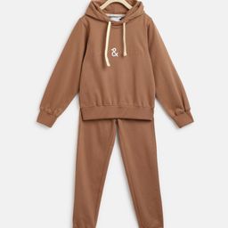 Tales & Stories Woven Full Sleeves Brand Name Embroidered Hooded Light Winter Sweatshirt & Track Pants Set - Brown-picture-27