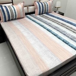Pure Decor White & Peach-Coloured Striped Pure Cotton King Bedsheet Set 2.75 m x 2.74 m-picture-17