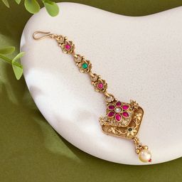 ATIBELLE Gold-Plated Kundan Studded Maang Tikka Head Jewellery-image-45