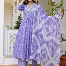 EthniFlair Floral Printed Thread Work Pure Cotton Anarkali Kurta With Trousers And Dupatta-58