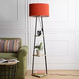 Sanded Edge Wood Red Castle 3 Tier Shelf Storage Floor Lamp with Walnut Polish Shelf image 2