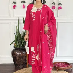 SHREE KHODAL FASHION Floral Embroidered Patchwork Roman Silk Kurta With Trousers & Dupatta-picture-2