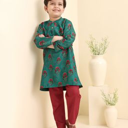 Babyhug Cotton WovenFull Sleeves Bagh Printed Kurta & Pyjama Set - Green-image-70