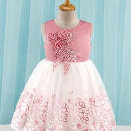 Babyhug Sleeveless Party Frock with Floral Embroidery & Corsage - Dusty Pink & White-image-24
