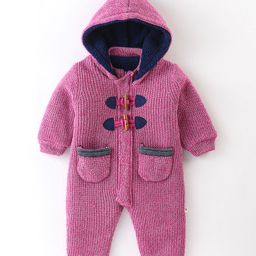 Yellow Apple Full Sleeves Winter Wear Hooded Romper Solid Colour - Pink-image-30