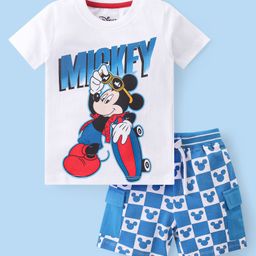 Babyhug Disney Cotton Knit Half Sleeves T-Shirt & Shorts Set With Mickey Mouse Graphics - White & Blue-image-68