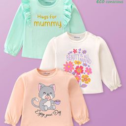 Babyoye 100% Cotton Knit Eco- Jiva Finsh Full Sleeves Tops with Frill Detailing Cat & Text Print Pack of 3 - Multicolor-image-5