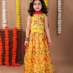 Kinder Kids Cotton Sleeveless Floral Printed Lehenga Choli With Dupatta Set - Yellow-image-42