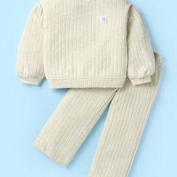 Little Kangaroos Fleece Knit Full Sleeves Winter Wear Sweatshirt & Jogger Pant Set with Floral Patch - Light Grey-image-127