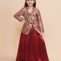 Piccolo Silk Full Sleeves Floral Foil Printed Blazer With Tissue Lehenga Set - Maroon-image-71