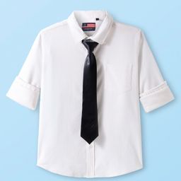 INFINITY Cotton Lycra Full Sleeves Solid Shirt With Tie - White & Black-image-93