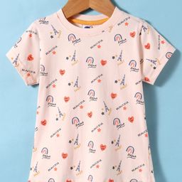 Teddy Sinker Knit Half Sleeves T-Shirt with Eiffel Tower Print - Beige-17