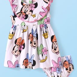 Babyhug Disney Single Jersey Knit Frill Sleeves Minnie & Friends Printed Frock with Bloomer & Frill Detailing - White-image-58