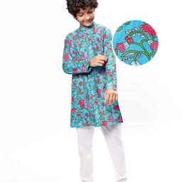 Pine Kids Cotton Woven Full Sleeves Kurta & Pyjama With Floral Print - Light Blue-picture-21